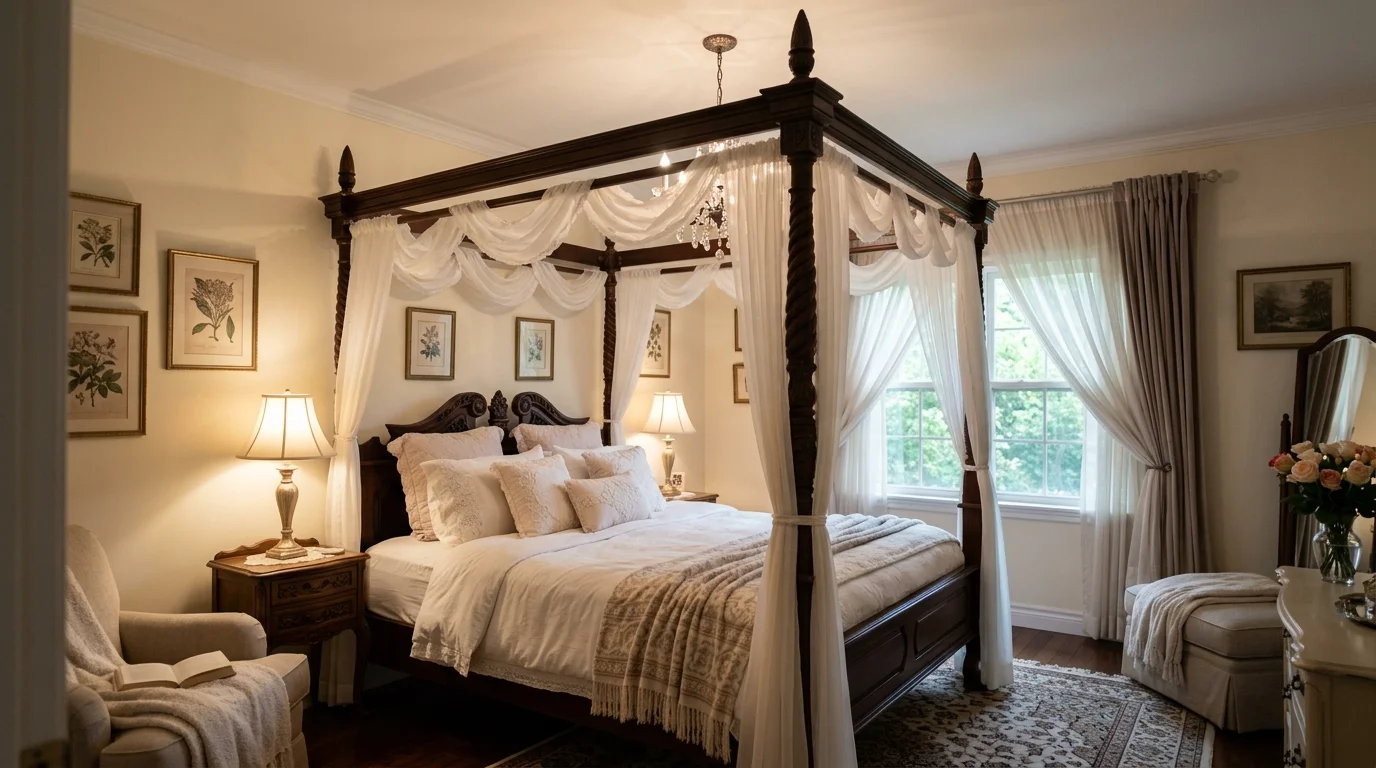 A bedroom with a four poster bed and light drapes soft lighting classic romantic style no people