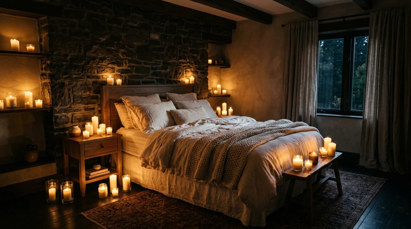A room with candles placed around the bed casting a warm glow soft lighting intimate peaceful atmosphere no people