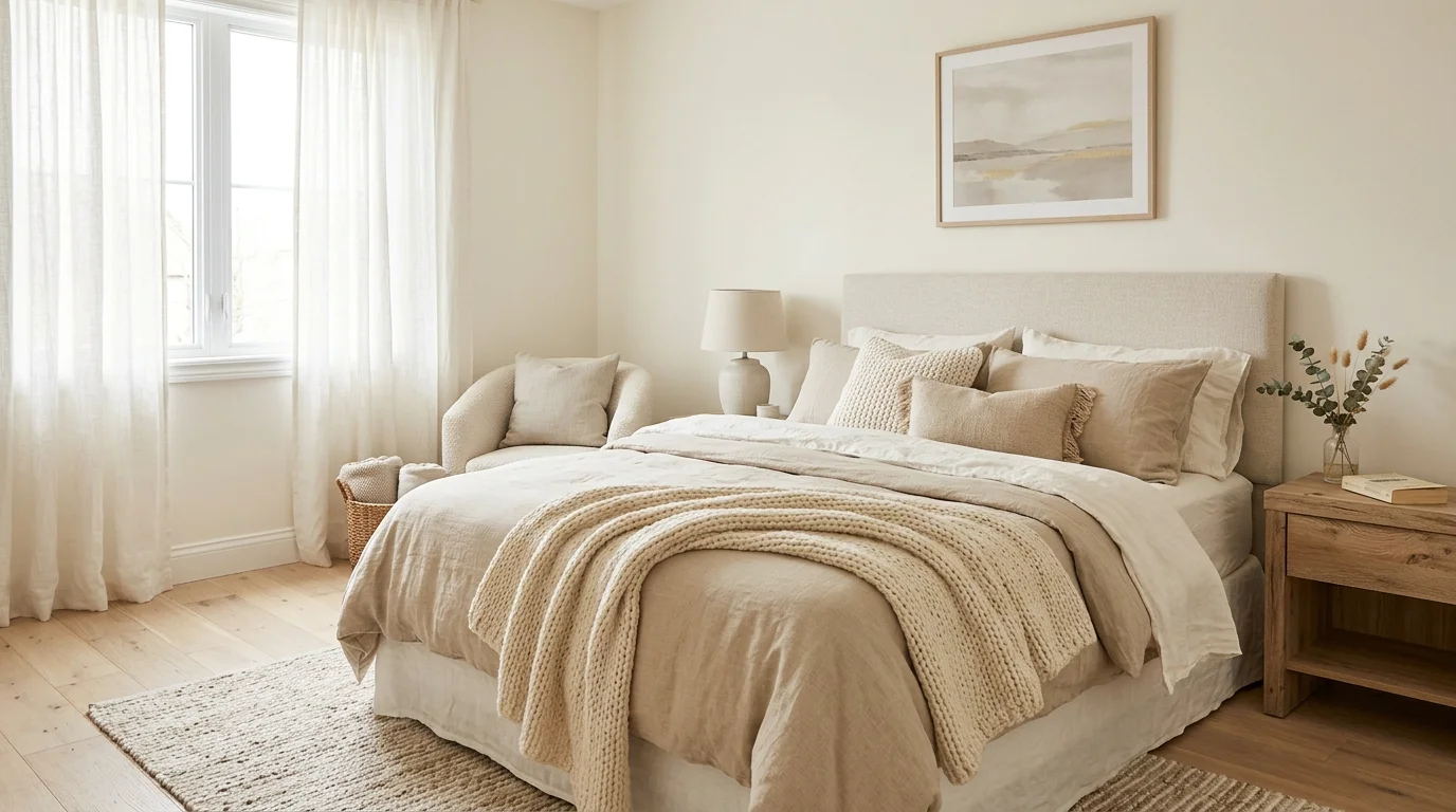A bedroom with soft neutral tones layered with textures like linen and knit bright natural daylight calming romantic feel no people