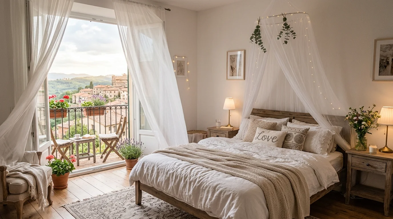 A romantic bedroom with a balcony view and sheer curtains flowing softly bright natural light airy love filled environment no people