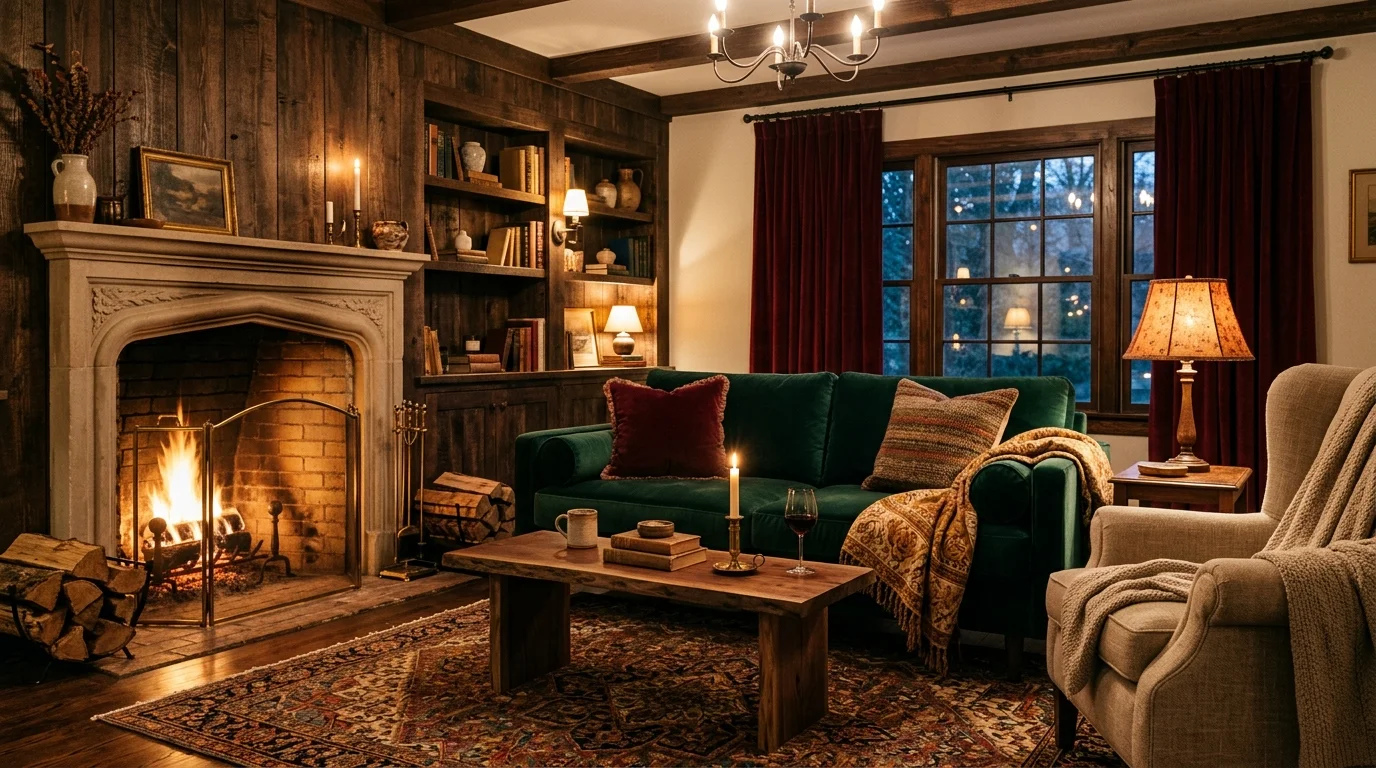 A space with a mix of textures including velvet wood and fabric warm lighting cozy inviting romantic design no people