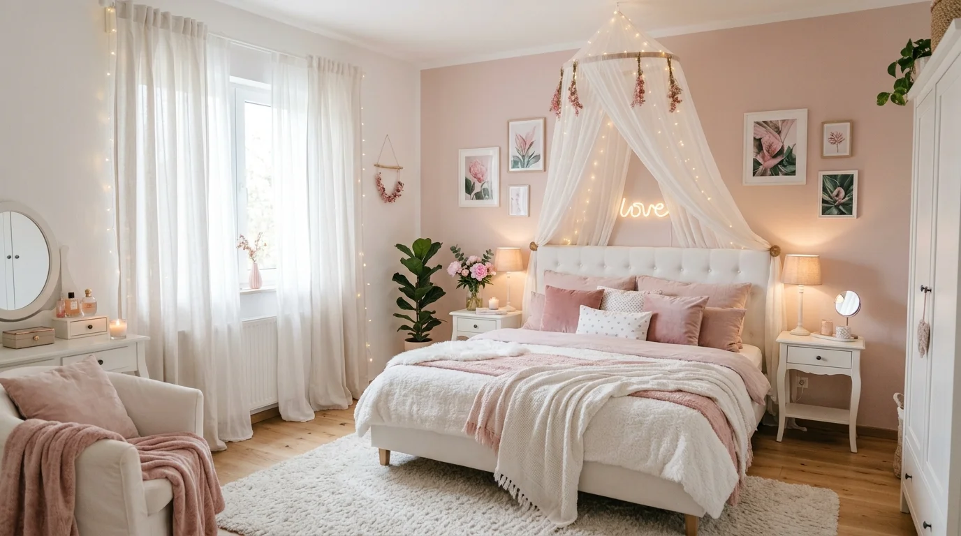 A dreamy bedroom with soft pink accents white furniture and gentle lighting creating a serene love filled sanctuary no people