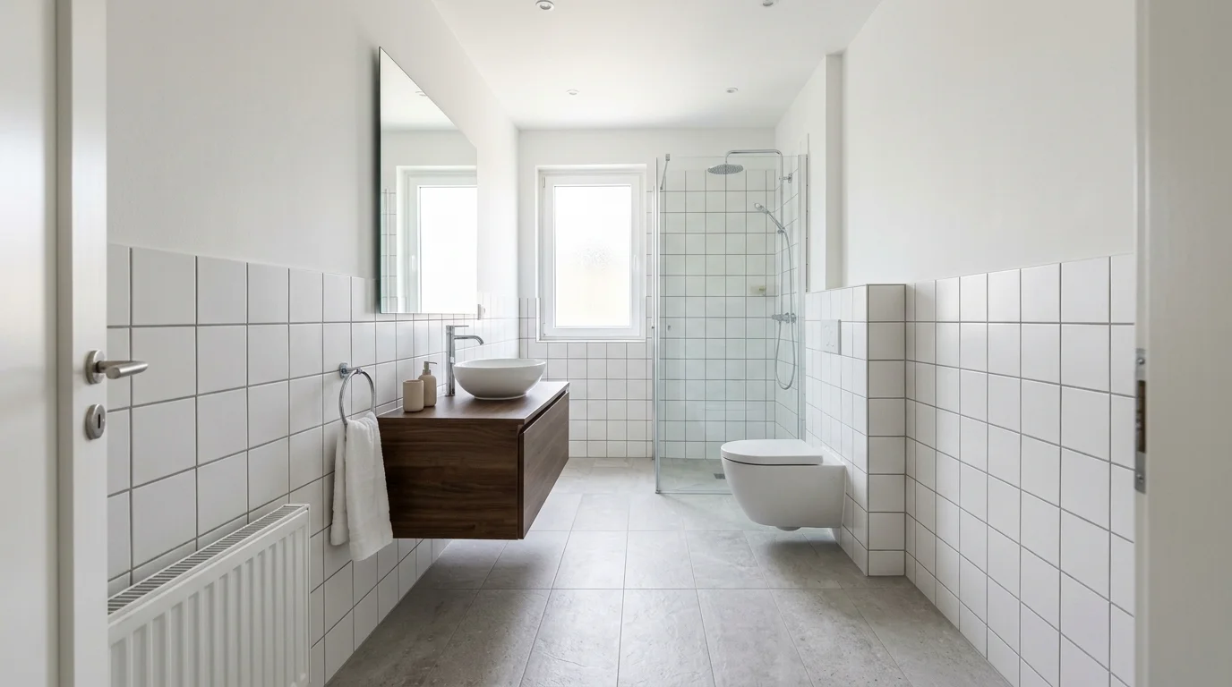 A bathroom with ceramic tiles in a classic grid pattern paired with modern fixtures bright lighting practical long lasting flooring no people