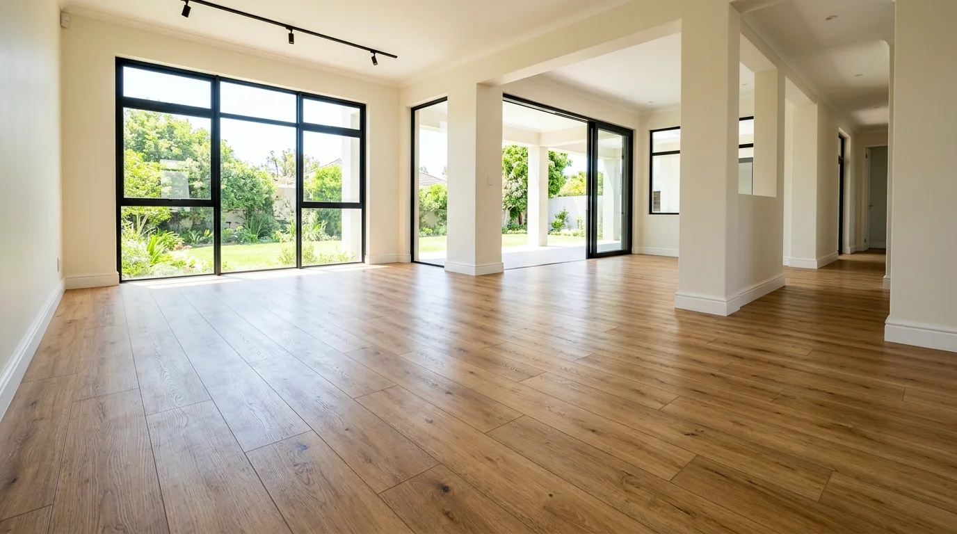 A space with luxury vinyl plank flooring mimicking wood texture bright natural light water resistant warm aesthetic no people