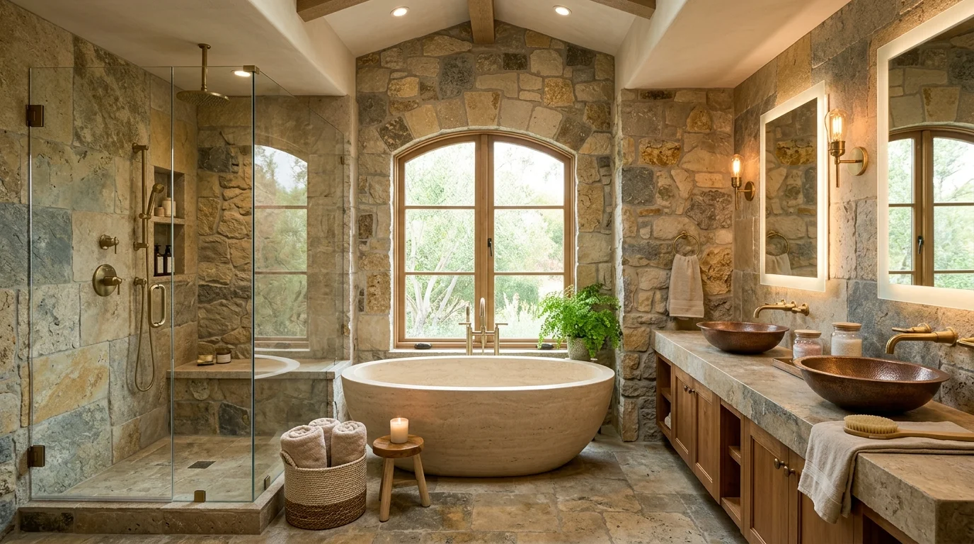 A bathroom with natural stone tiles in earthy tones soft lighting elegant durable spa like atmosphere no people