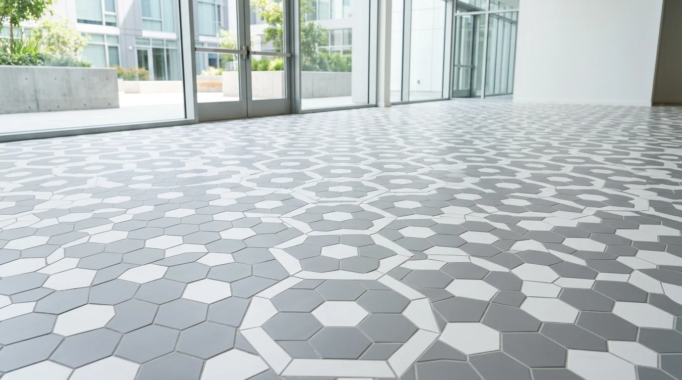 A floor with hexagon tiles in white and gray bright lighting modern durable design with visual interest no people