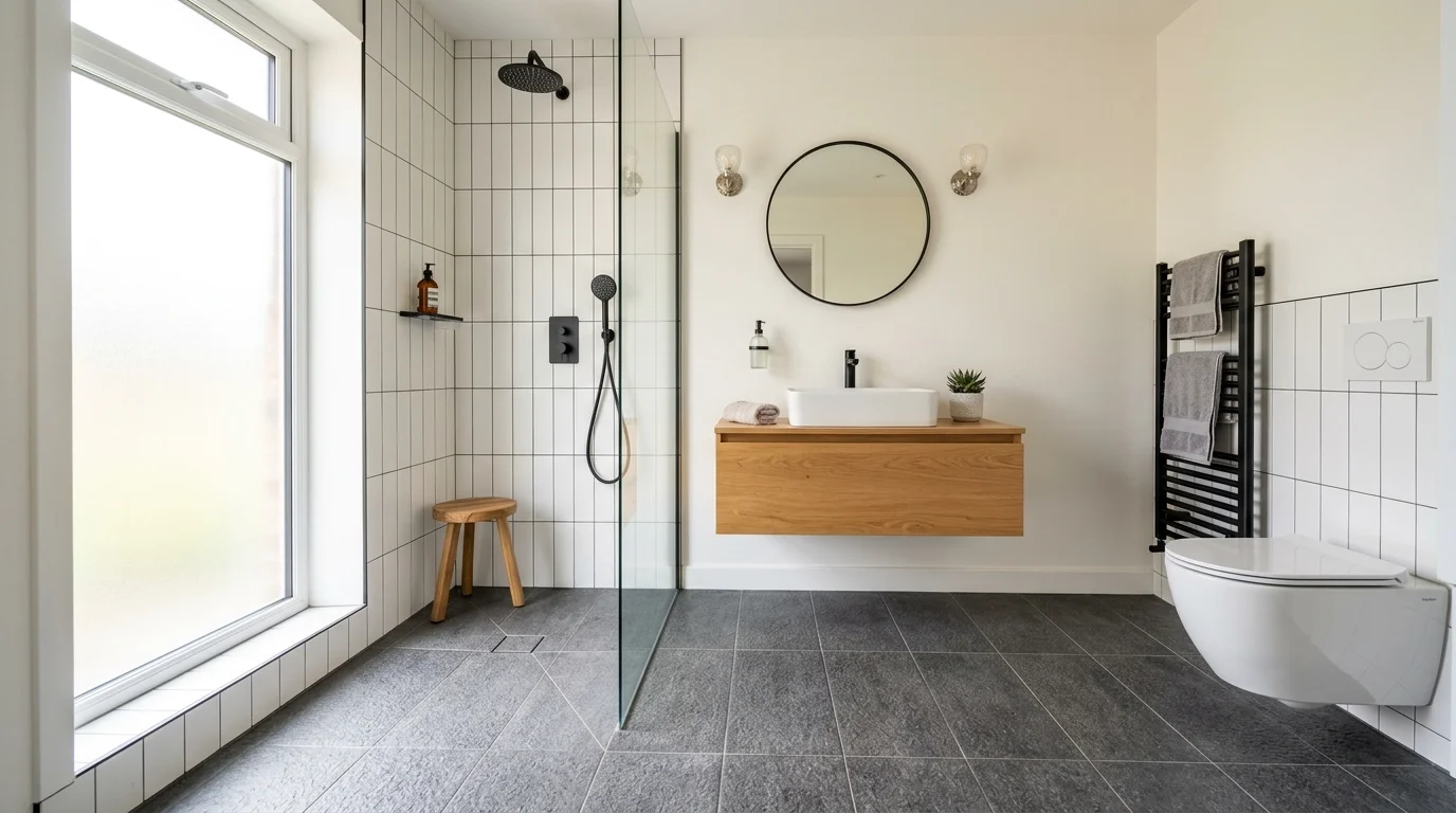 A bathroom with textured anti slip tiles providing safety and style bright lighting functional water resistant flooring no people