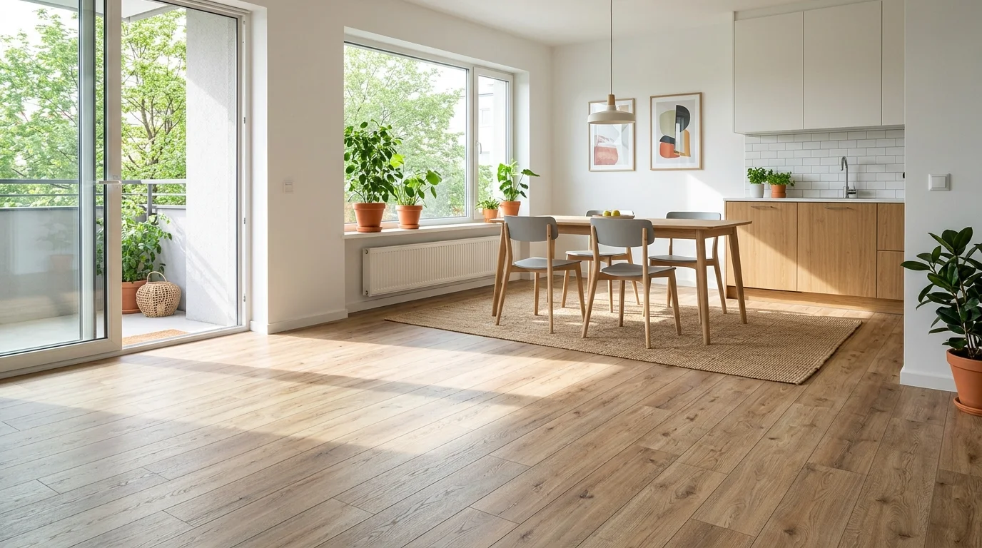 A space with waterproof laminate flooring in wood tones bright natural daylight budget friendly durable option no people