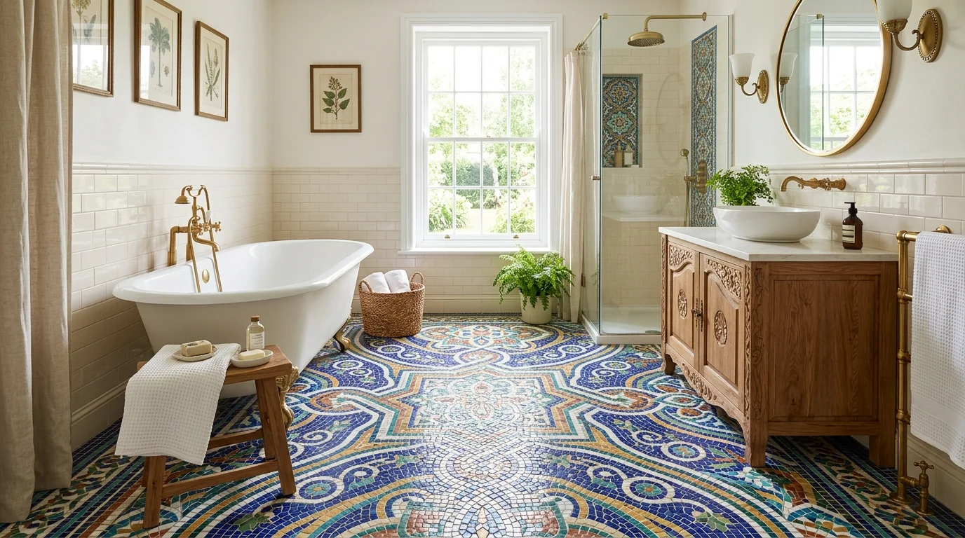 A bathroom with mosaic tile flooring creating intricate patterns bright lighting artistic durable surface no people