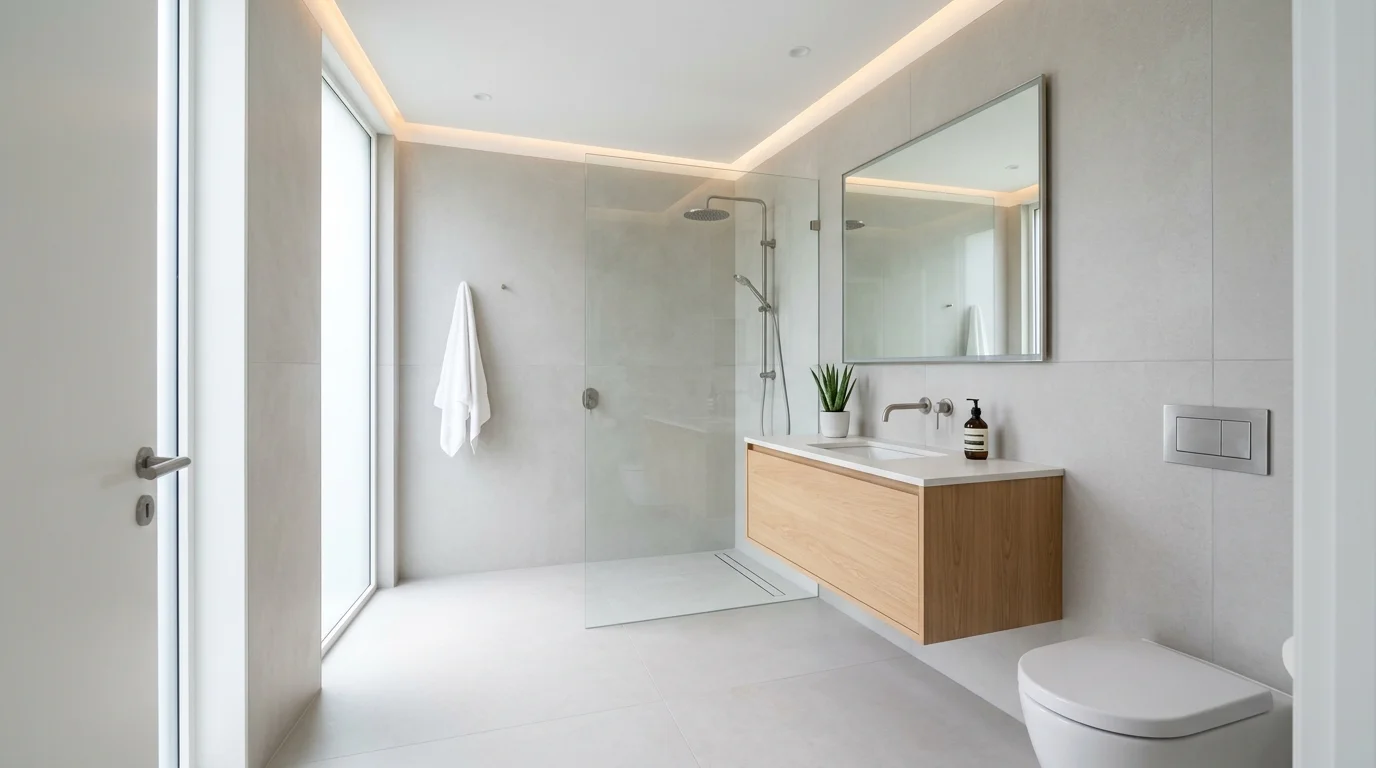 A minimalist bathroom with large format tiles reducing grout lines bright lighting sleek low maintenance design no people