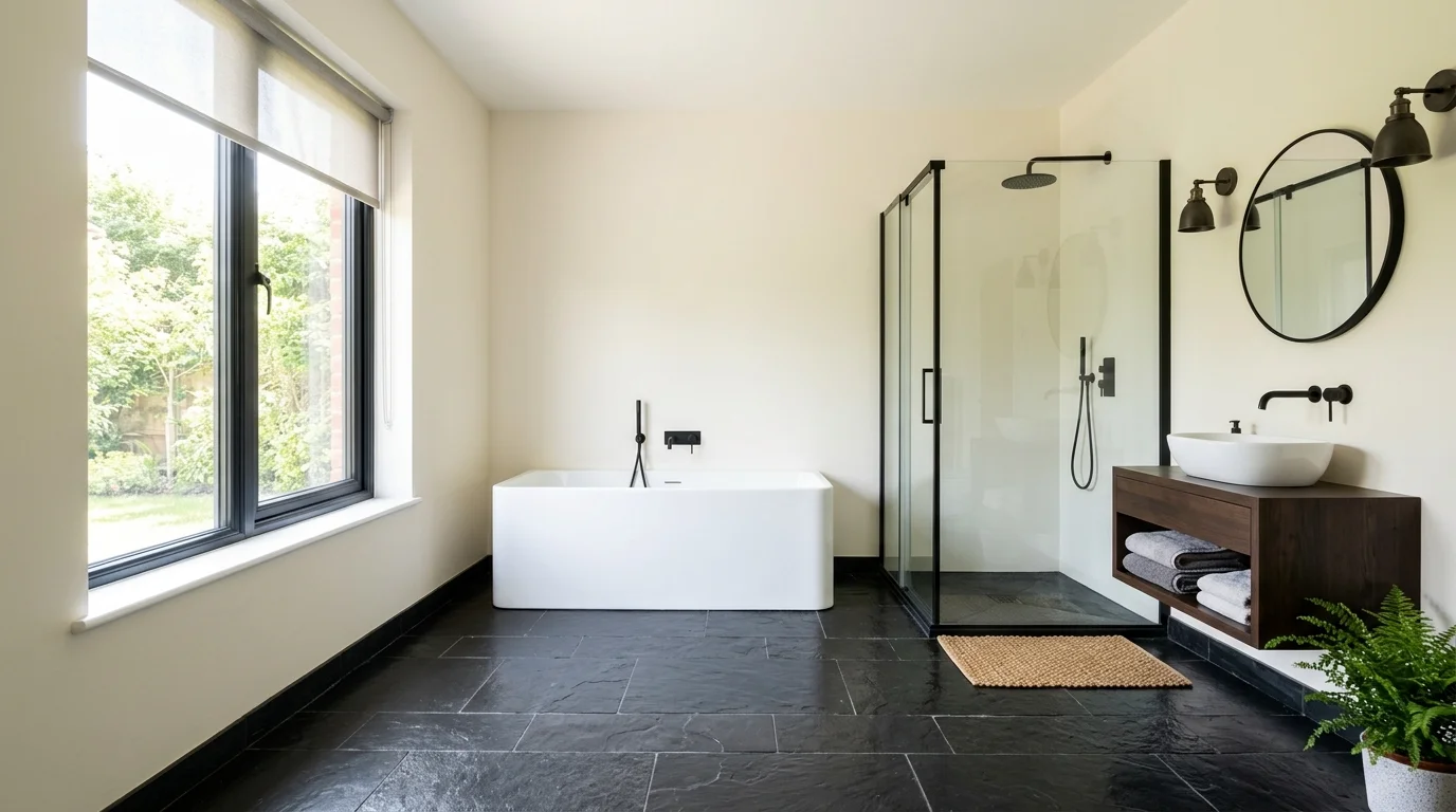 A bathroom with black slate flooring paired with light walls bright natural light bold durable contrast no people