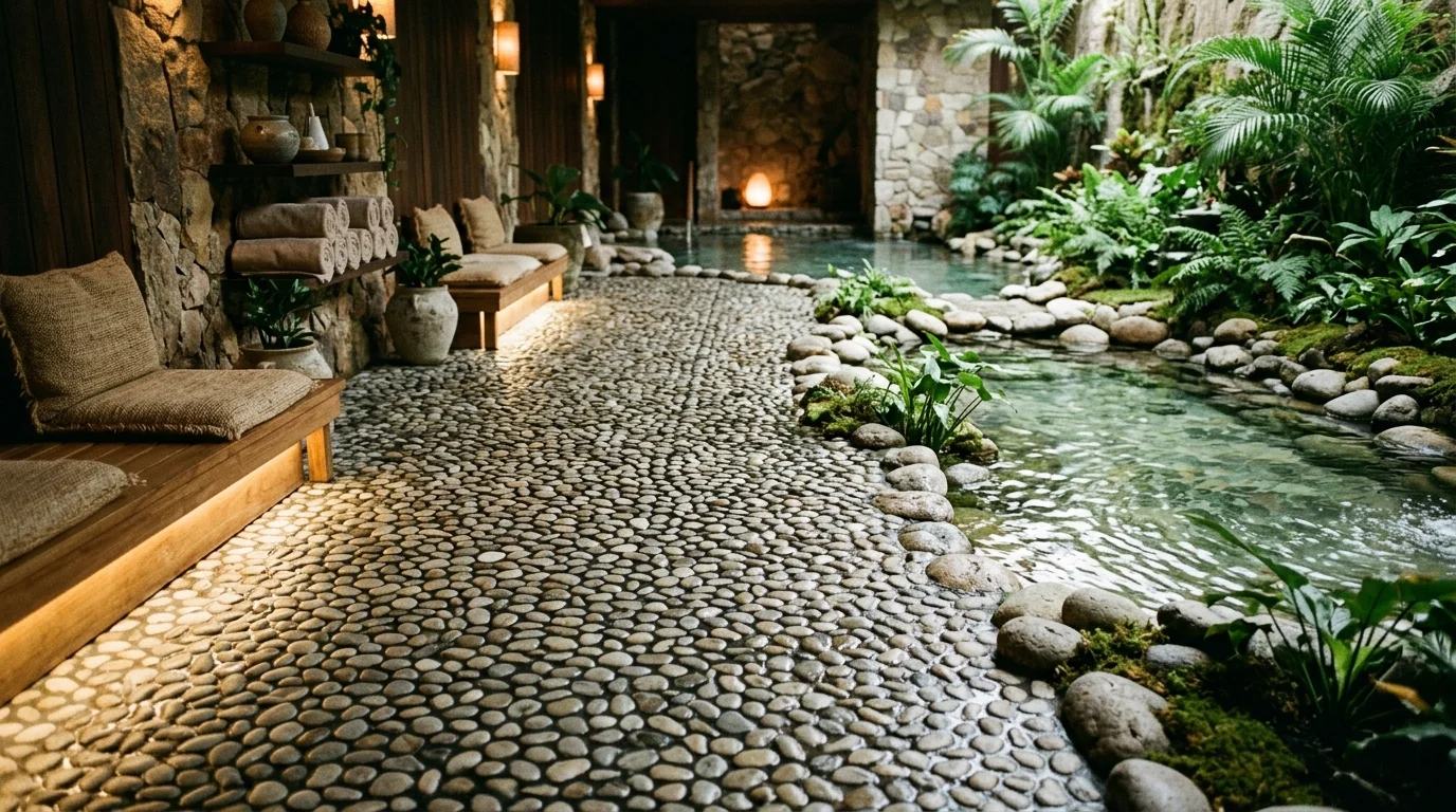 A floor with pebble stone tiles creating a natural spa like feel soft lighting textured water friendly design no people