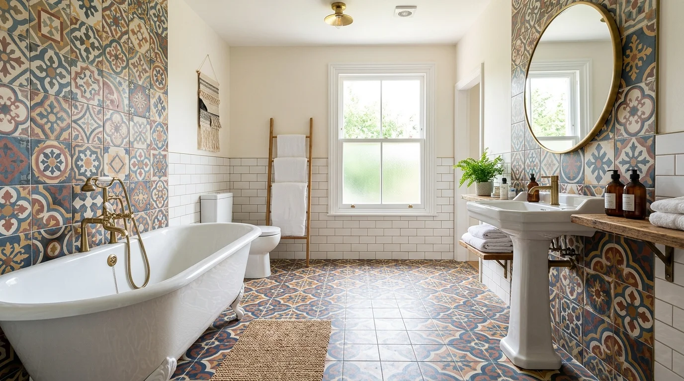 A bathroom with patterned encaustic tiles adding personality while remaining durable bright lighting vibrant stylish flooring no people
