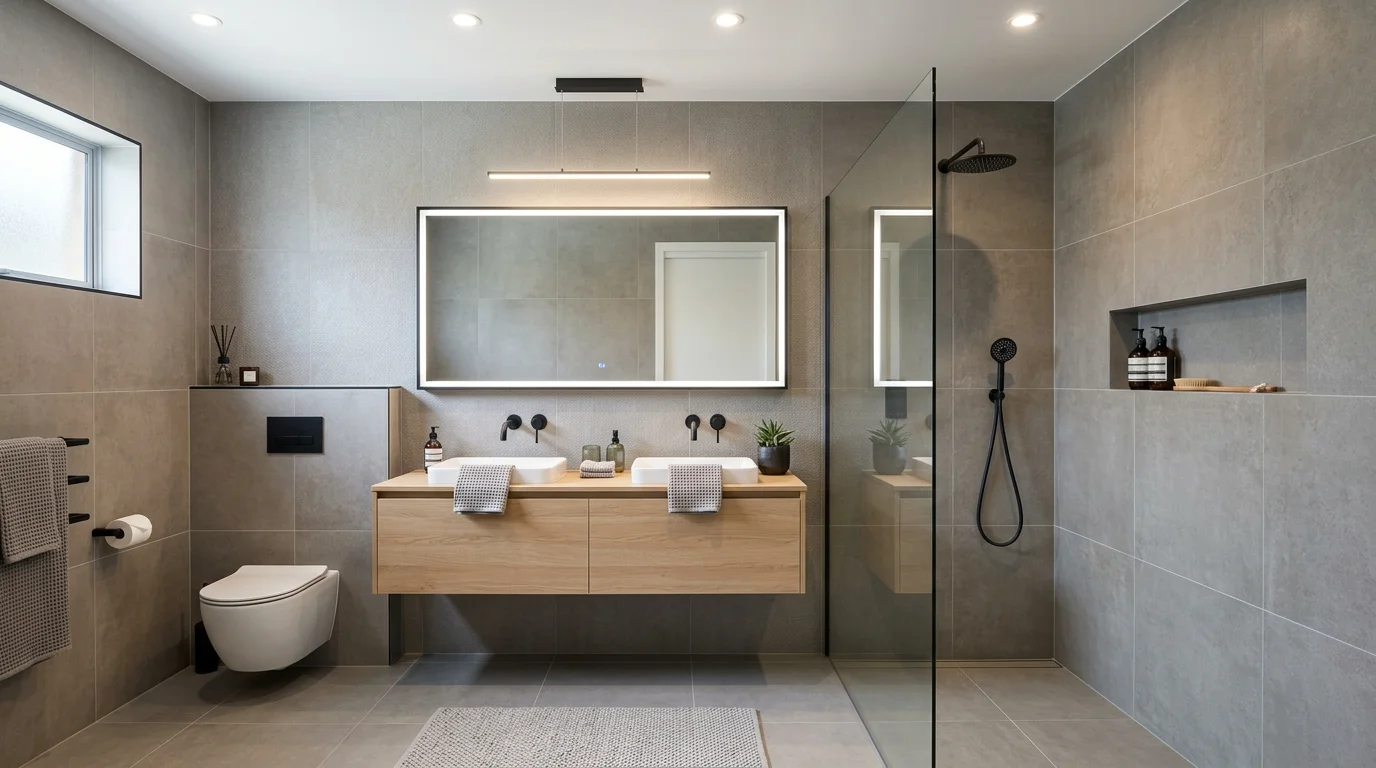 A modern bathroom with matte finish tiles in neutral tones bright lighting contemporary durable look no people
