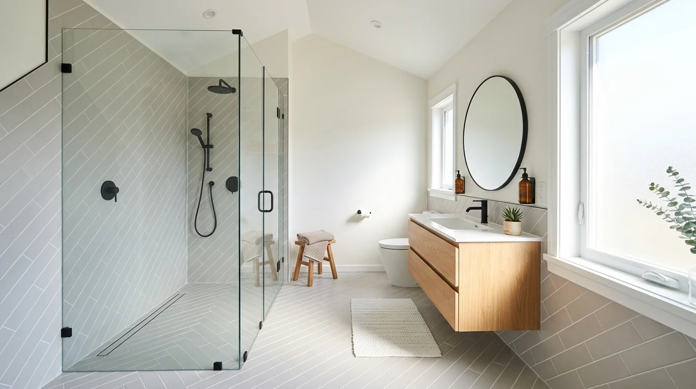 A bathroom with diagonal tile layout creating dynamic visual flow bright natural daylight stylish water resistant design no people