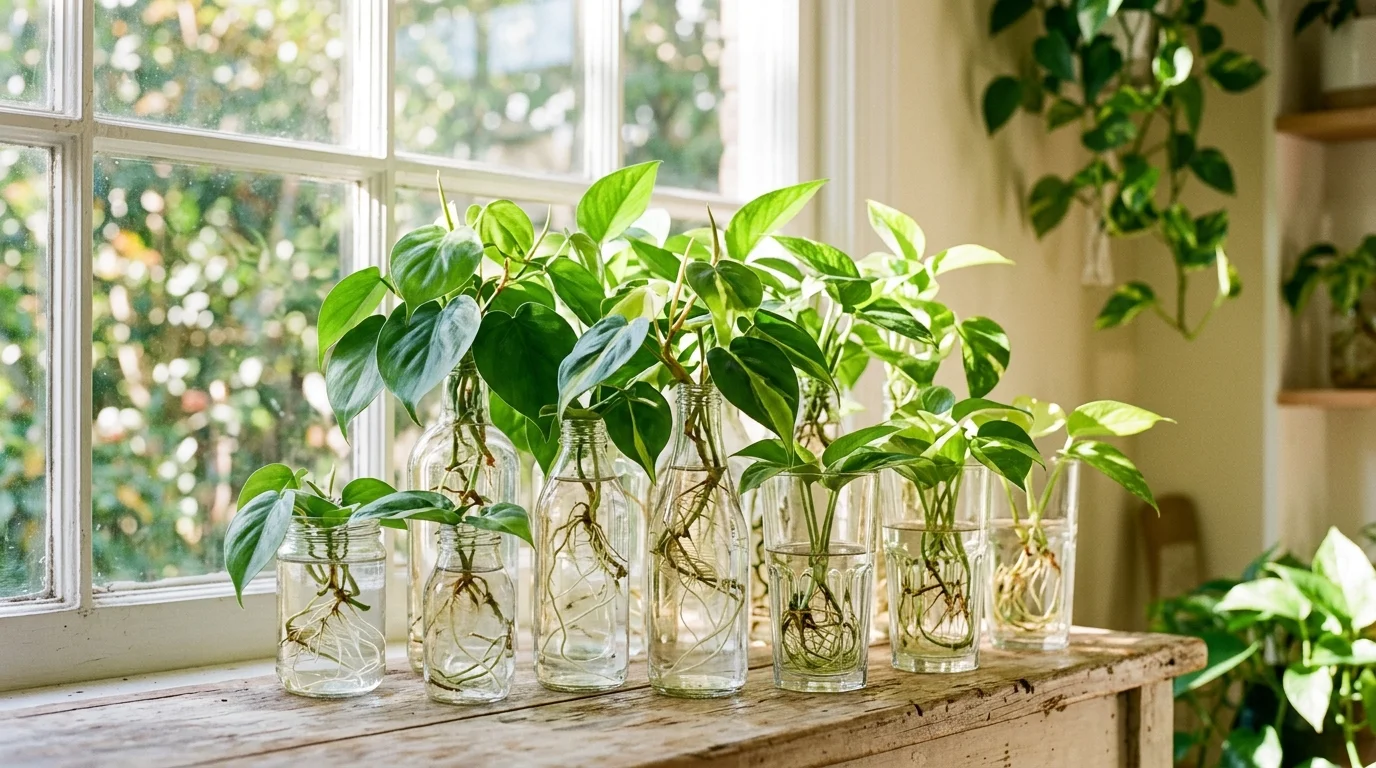 A collection of philodendron cuttings placed in glass bottles with visible roots bright sunlight simple low cost indoor greenery no people