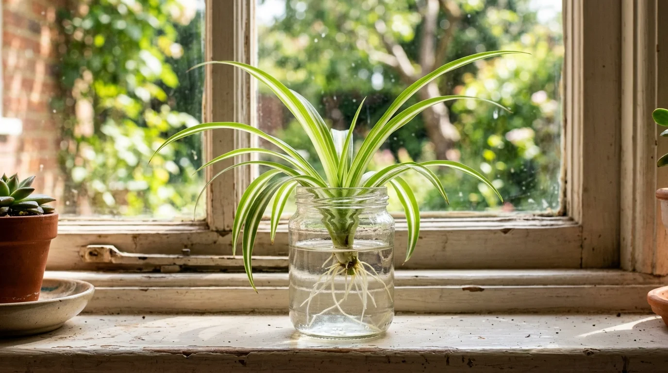 A spider plant baby placed in a small jar of water near a window bright natural light beginner friendly propagation method no people