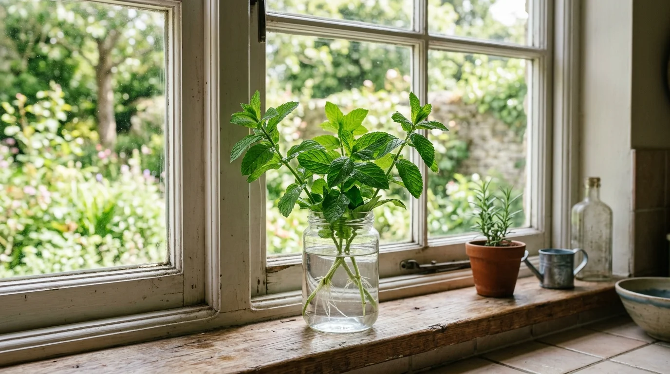 A mint plant cutting placed in a jar on a kitchen windowsill bright natural daylight fresh herb propagation no people