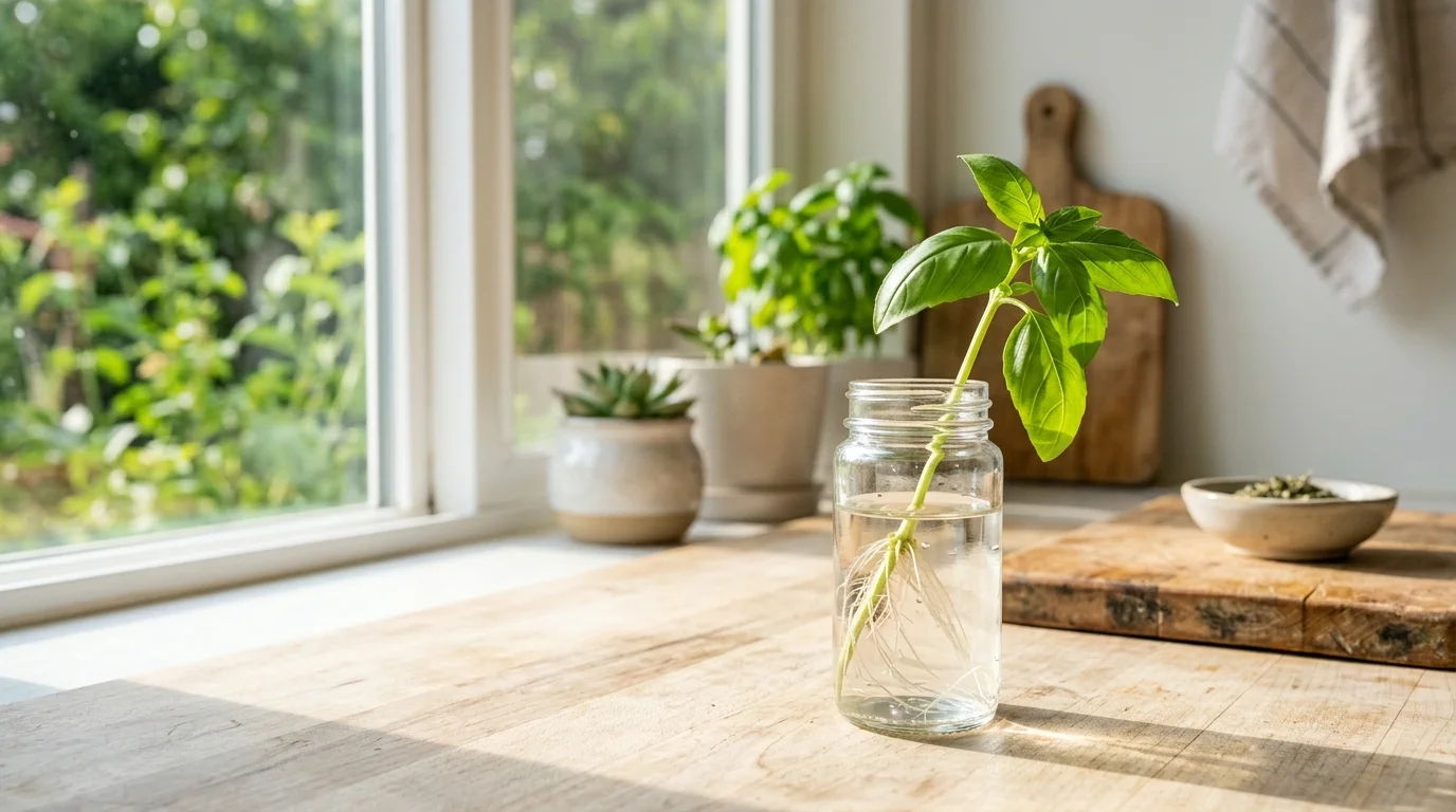 A basil cutting in water placed on a sunny countertop bright natural light simple edible plant propagation setup no people