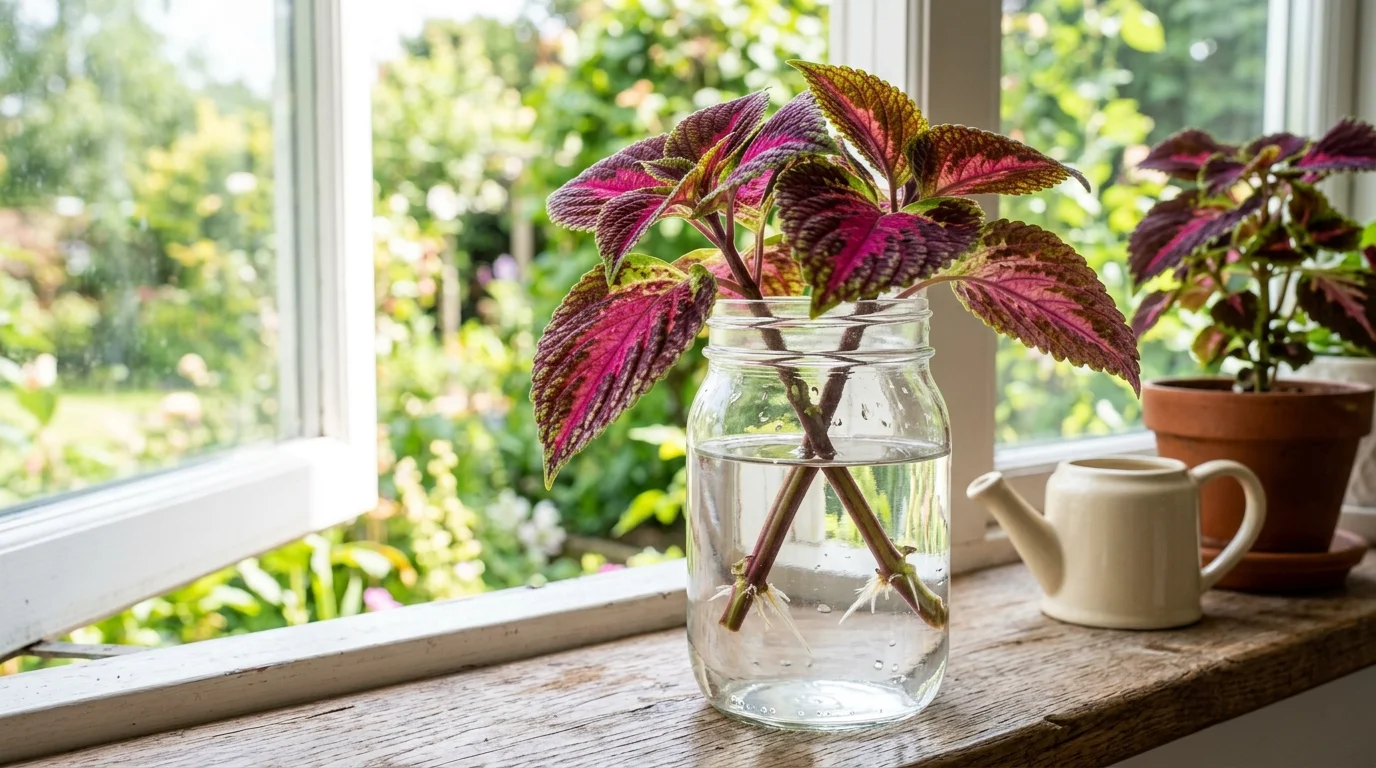 A coleus cutting with colorful leaves in a glass jar bright lighting easy fast growing propagation idea no people