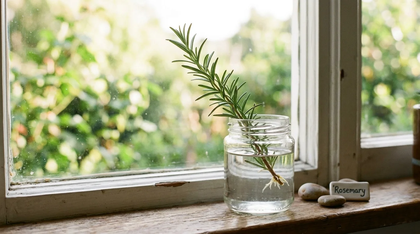 A rosemary cutting placed in water near a bright window soft natural lighting slow but rewarding propagation no people