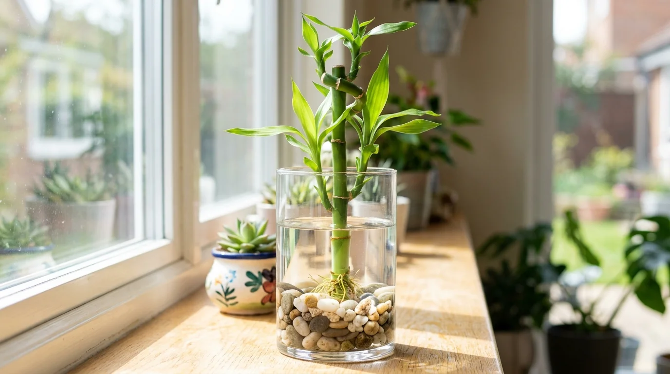 A lucky bamboo stalk growing in a glass container with water and pebbles bright lighting low maintenance propagation display no people