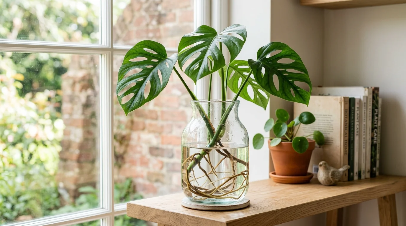 A monstera cutting with aerial roots placed in a vase bright natural daylight stylish indoor plant propagation no people
