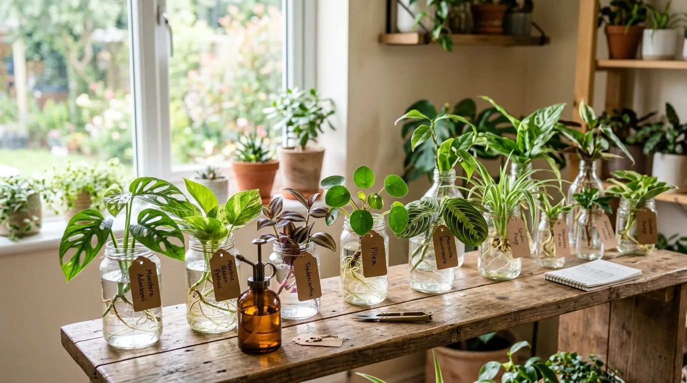 A small indoor setup with multiple jars holding different plant cuttings bright natural light organized propagation station no people