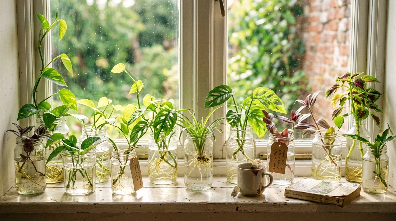 A cozy windowsill filled with glass jars of propagating plants glowing in sunlight bright natural daylight lush free greenery display