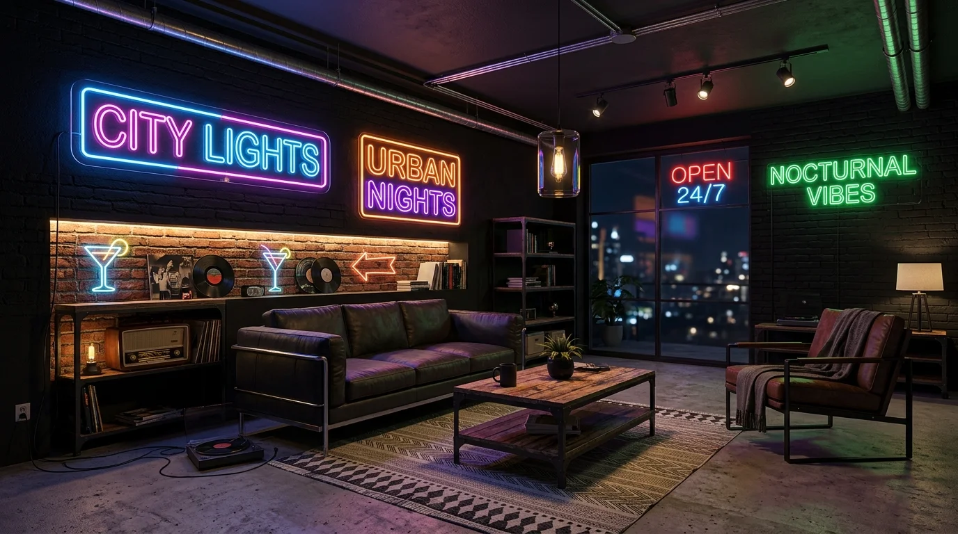 A modern room with black walls neon signs and industrial furniture bright accent lighting bold city inspired aesthetic no people