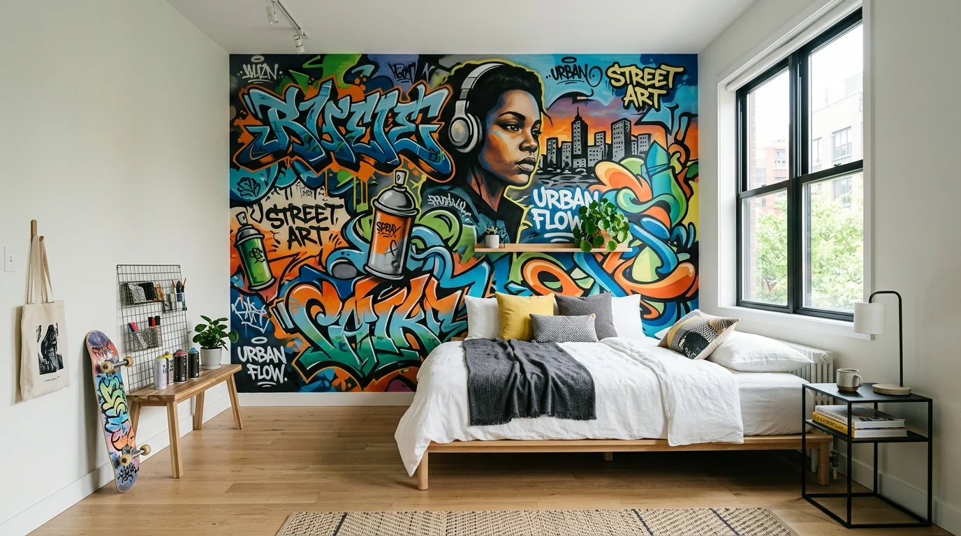 A bedroom with a graffiti mural covering one wall paired with minimal furniture bright lighting artistic street culture feel no people