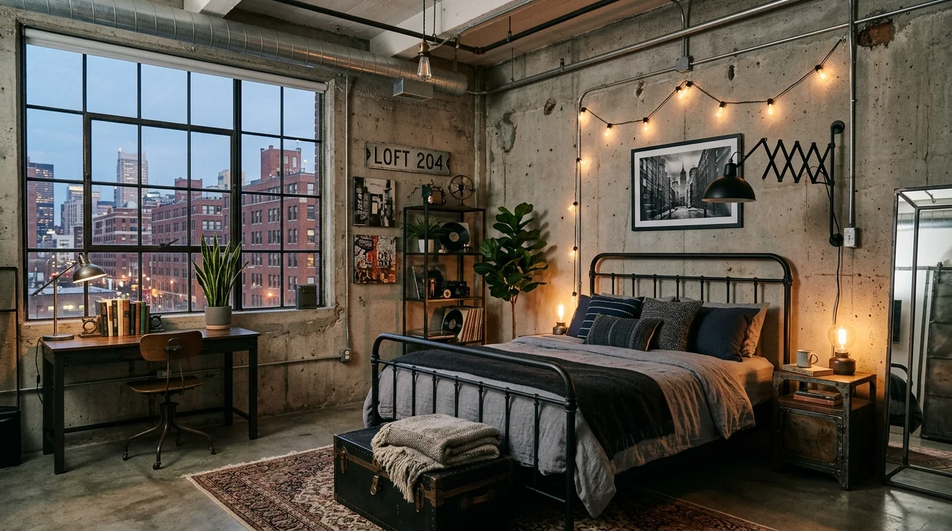 A loft style bedroom with concrete walls metal bed frame and urban decor elements soft ambient lighting industrial cool vibe no people