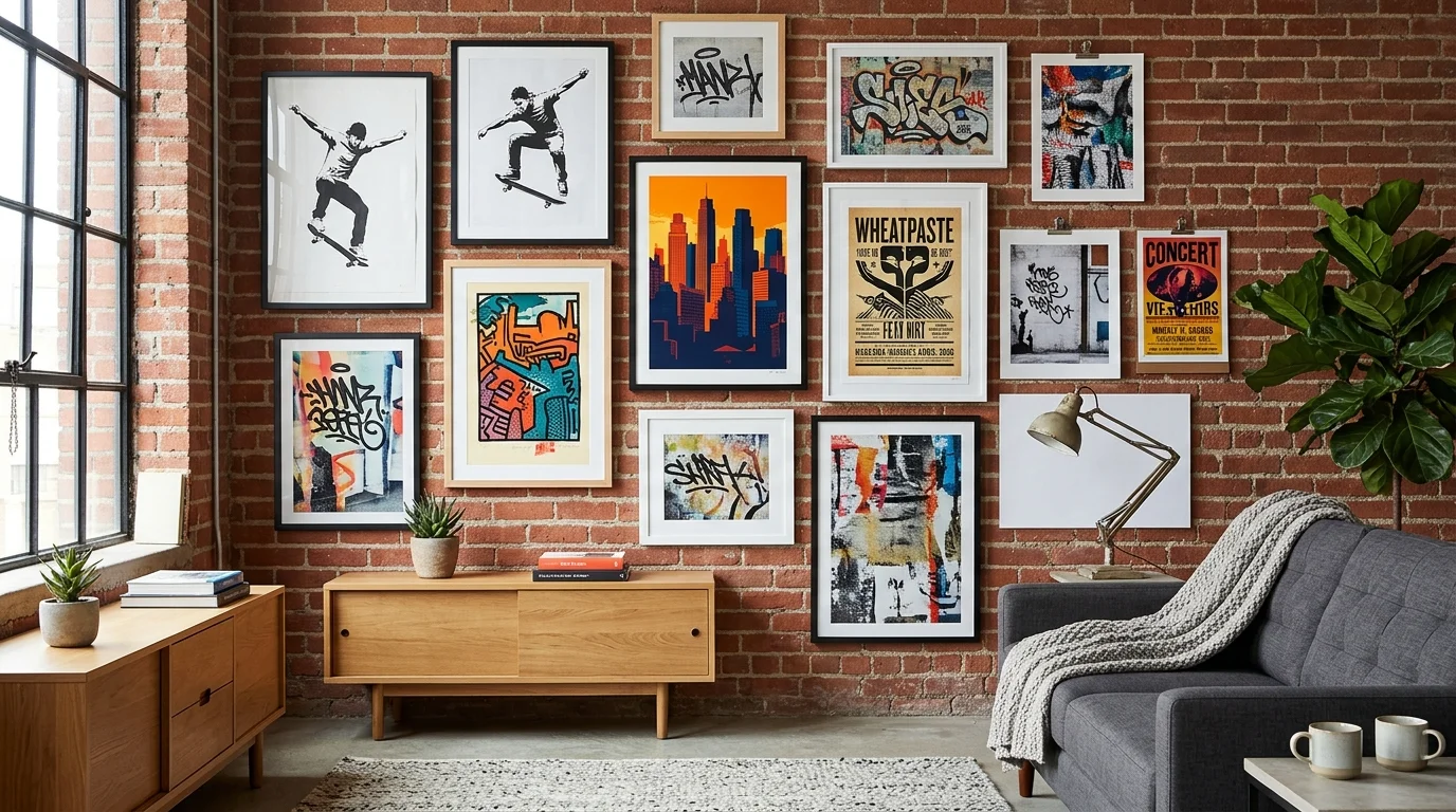 A room with posters and street art prints arranged in a gallery wall bright lighting expressive urban design no people