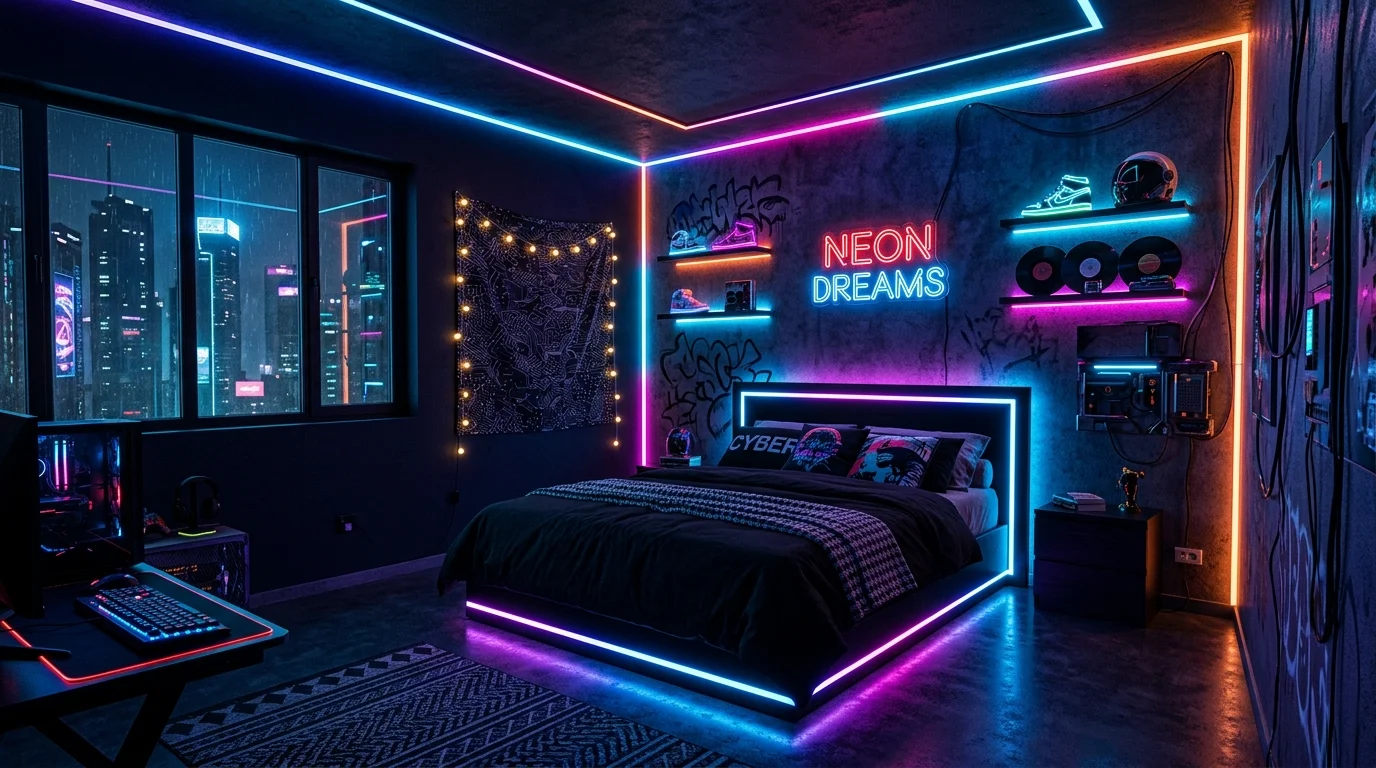 A bedroom with LED strip lights outlining the bed and walls in bold colors moody lighting futuristic street style look no people