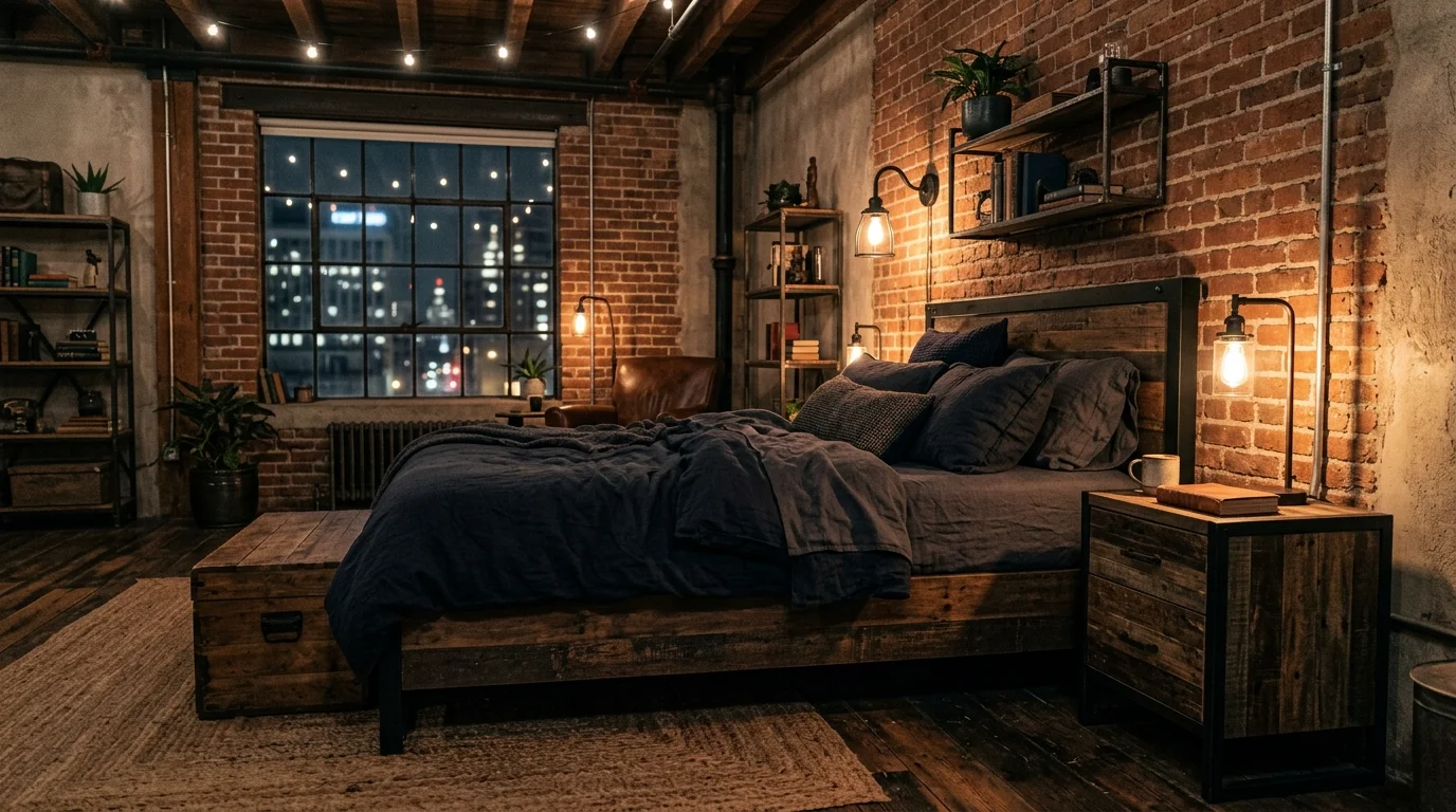 A space with dark bedding distressed wood furniture and industrial lamps soft lighting rugged urban aesthetic no people
