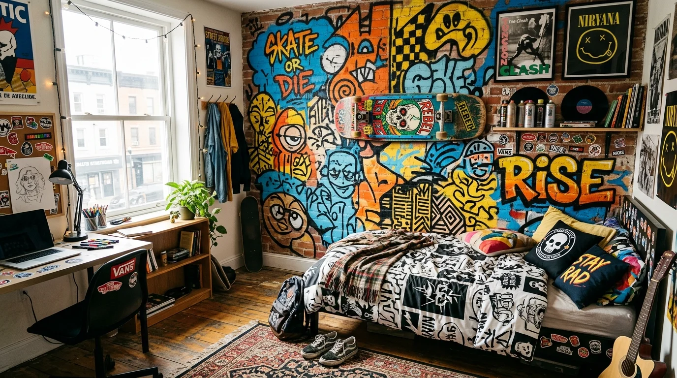 A bedroom with a skateboard mounted on the wall as decor paired with street art elements bright lighting youthful edgy vibe no people