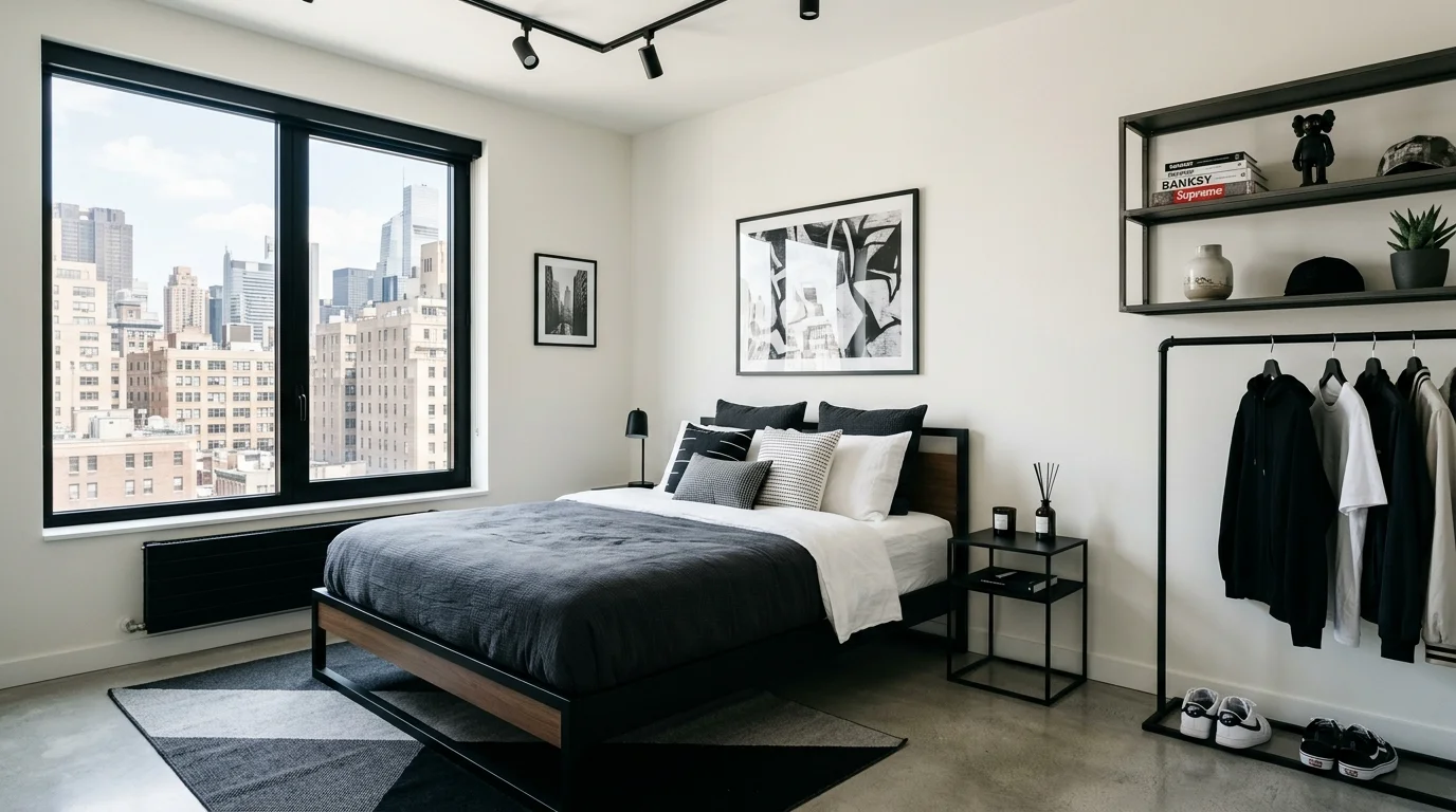 A minimalist urban bedroom with monochrome tones sleek furniture and subtle street style accents bright lighting modern cool feel no people