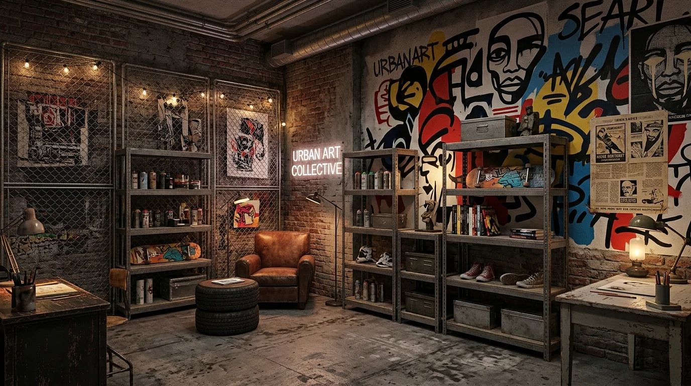 A room with chain link decor elements metal shelving and bold graphic artwork soft lighting gritty street inspired design no people