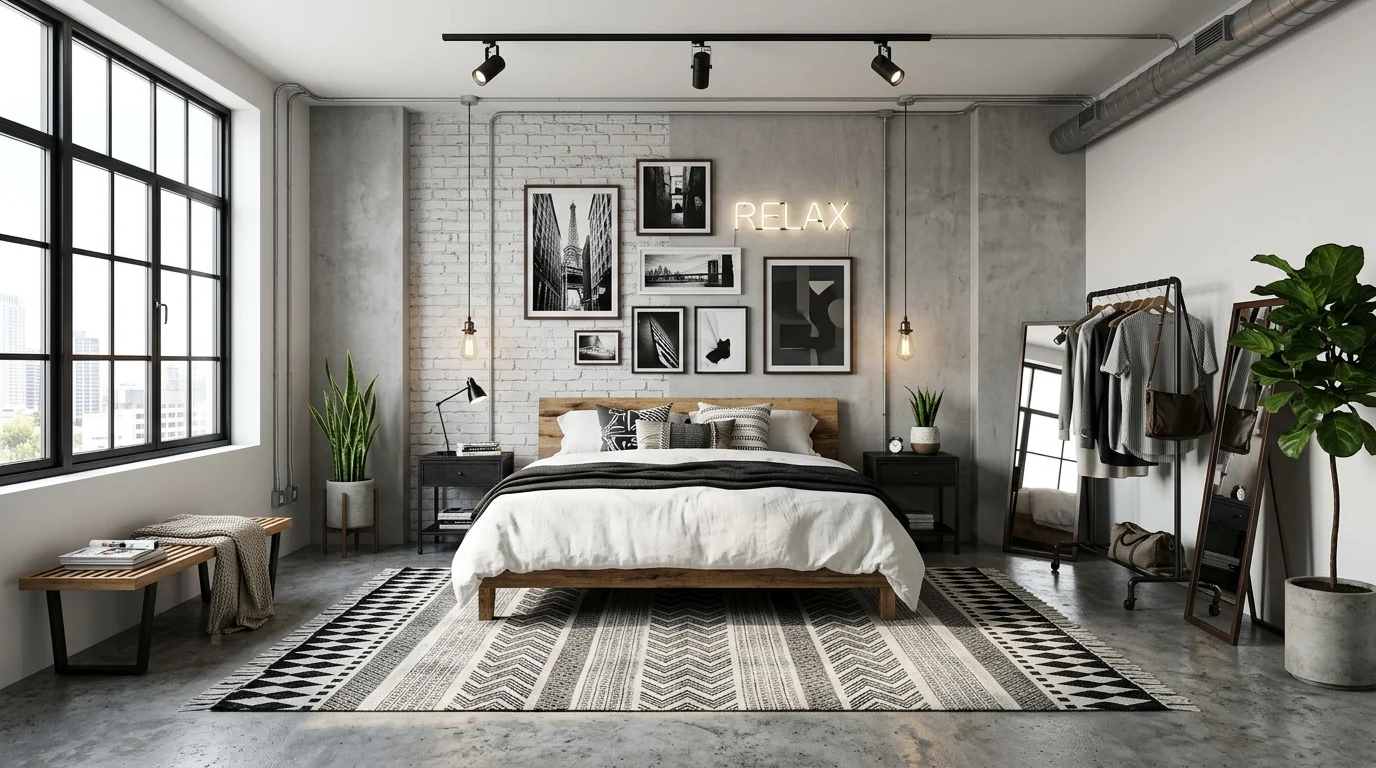 A bedroom with concrete flooring layered with a bold patterned rug and urban decor bright lighting balanced edgy style no people