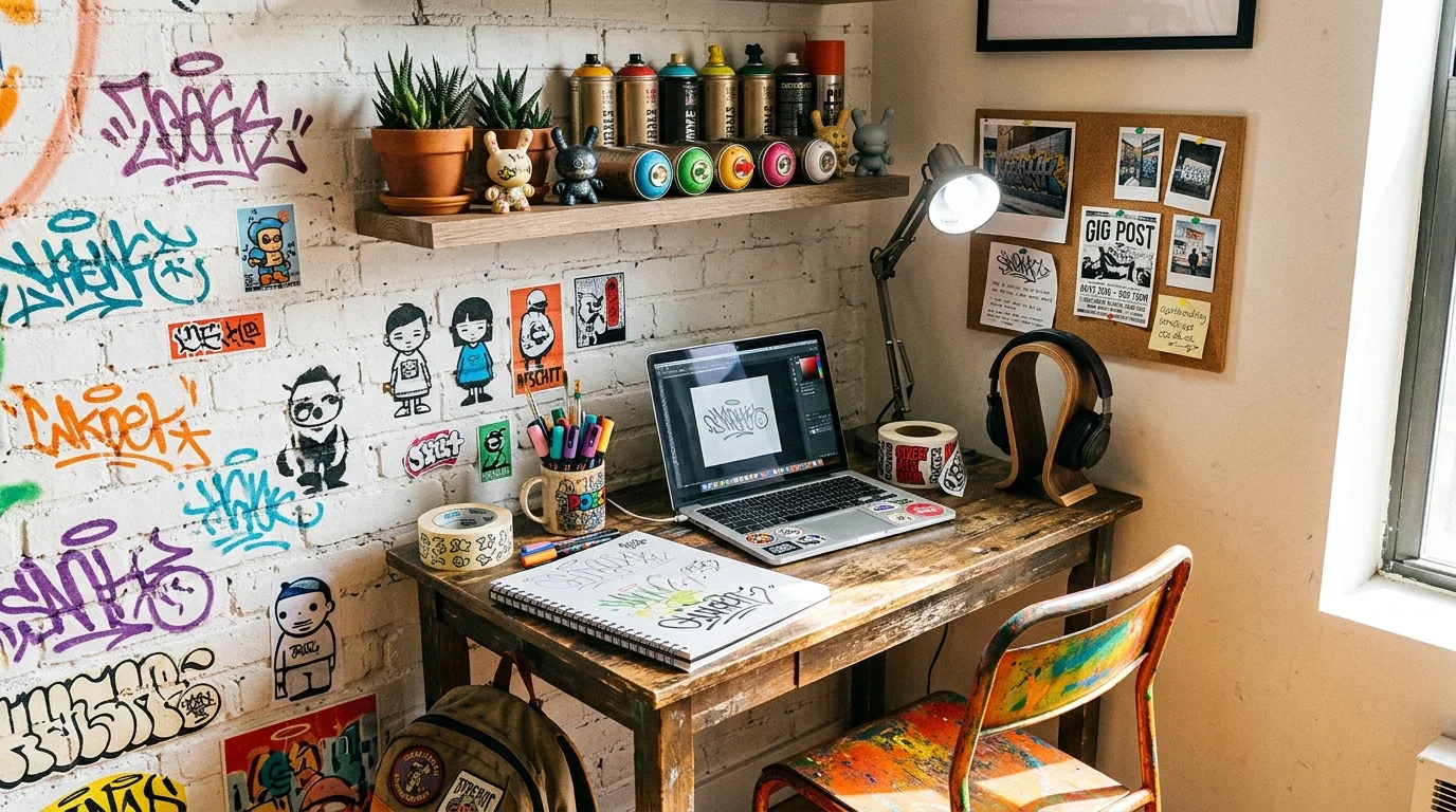A corner with a small desk setup featuring street art accessories and graffiti accents bright lighting creative urban workspace no people