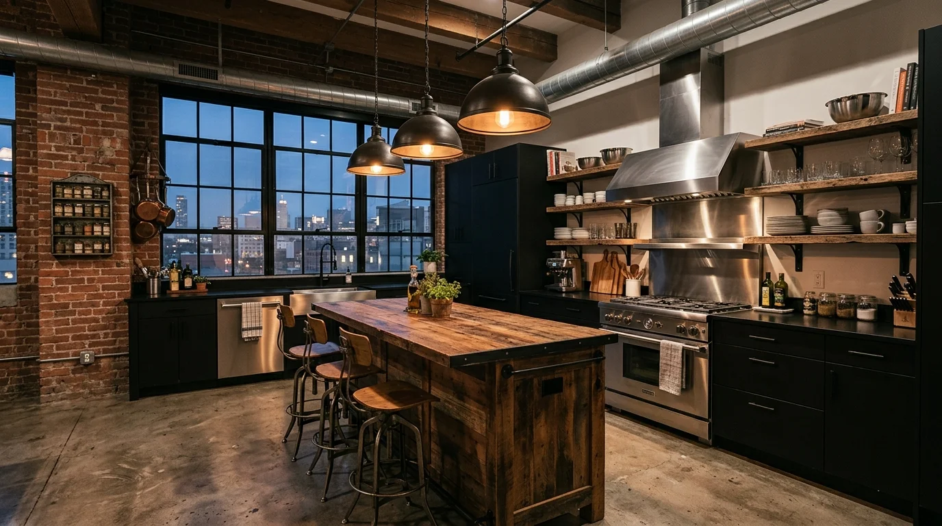 A modern industrial kitchen with stainless steel appliances, black matte cabinetry, open shelving with metal brackets, and reclaimed wood island, moody pendant lighting, edgy loft aesthetic, no people