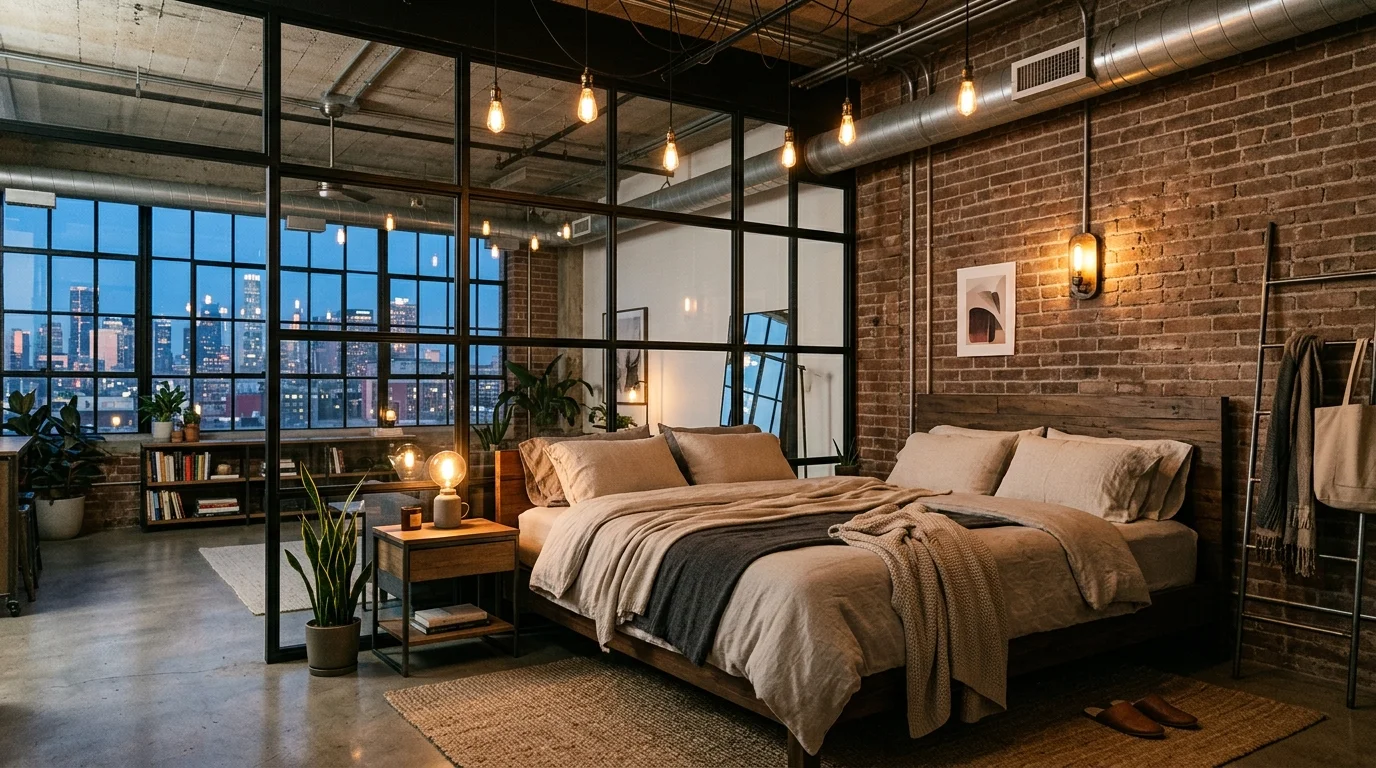 A chic loft bedroom with steel-framed glass partition, neutral bedding, exposed ductwork, and warm Edison bulb lighting, minimalist urban atmosphere, no people