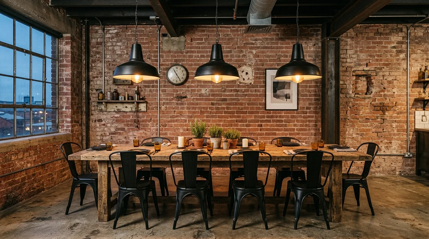 An industrial dining area with reclaimed wood table, black metal chairs, exposed brick backdrop, and oversized pendant lights, warm ambient lighting, raw stylish feel, no people