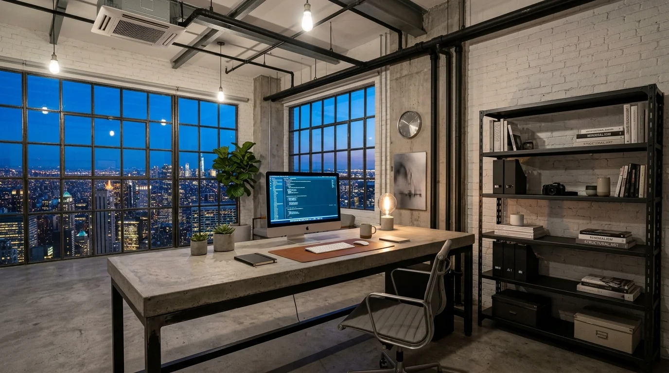 A loft workspace with concrete desk, metal shelving units, exposed pipes, and minimalist decor, large windows with city light, clean industrial vibe, no people