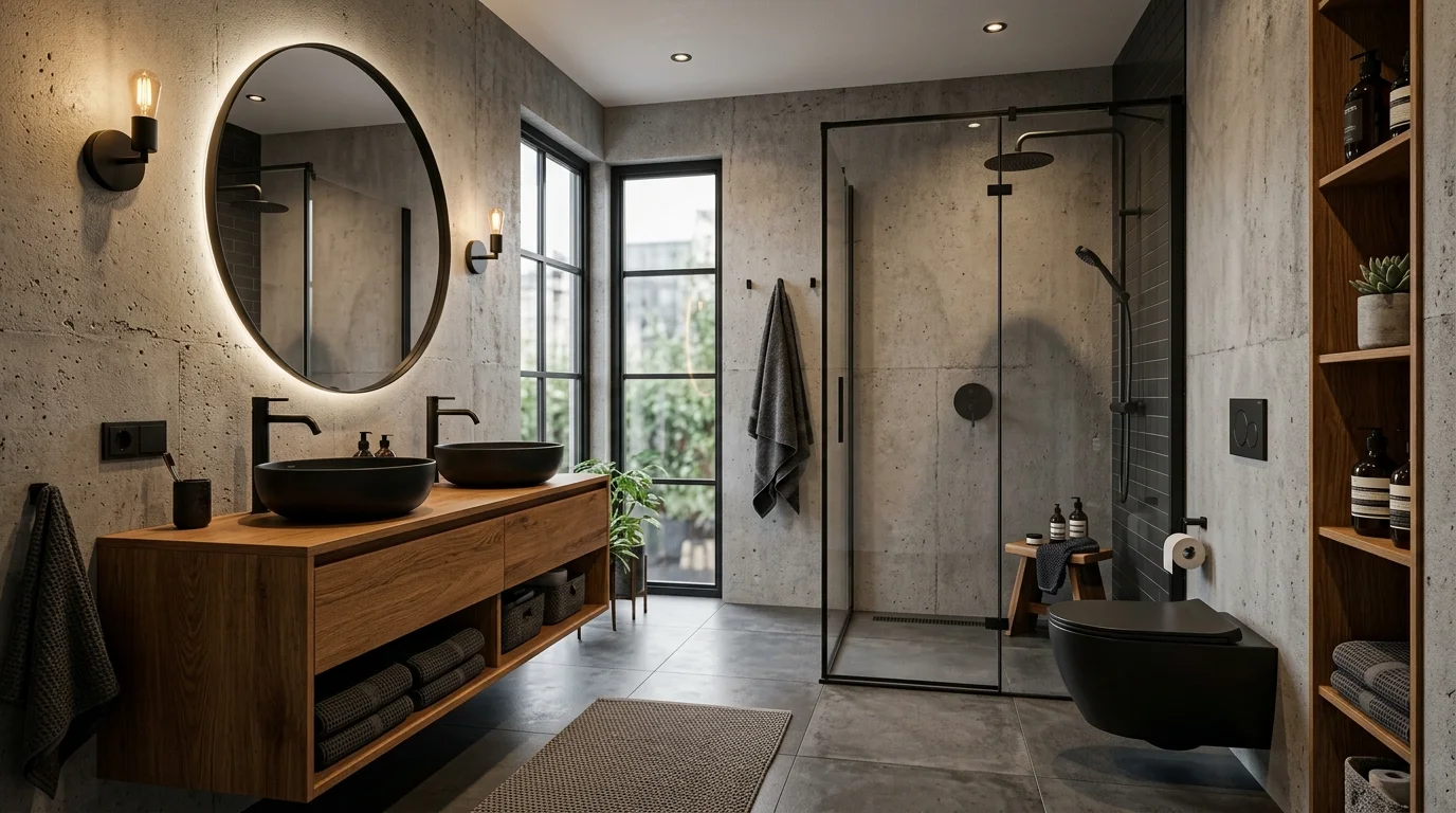A modern industrial bathroom with concrete walls, black fixtures, glass shower enclosure, and warm wood accents, sleek moody lighting, spa-like urban design, no people