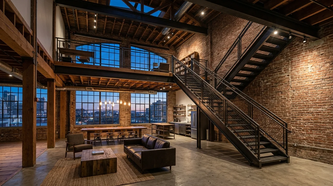 A studio loft with open-plan layout, steel staircase, high ceilings, and mixed textures of metal, wood, and brick, cinematic lighting, expansive industrial feel, no people