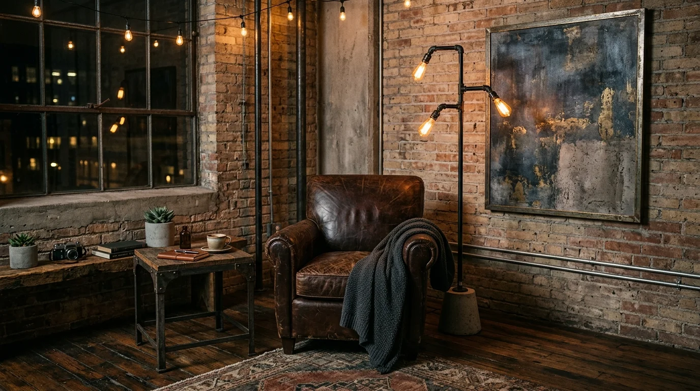 A stylish industrial living corner with distressed leather armchair, metal side table, abstract wall art, and floor lamp with Edison bulbs, moody atmosphere, no people