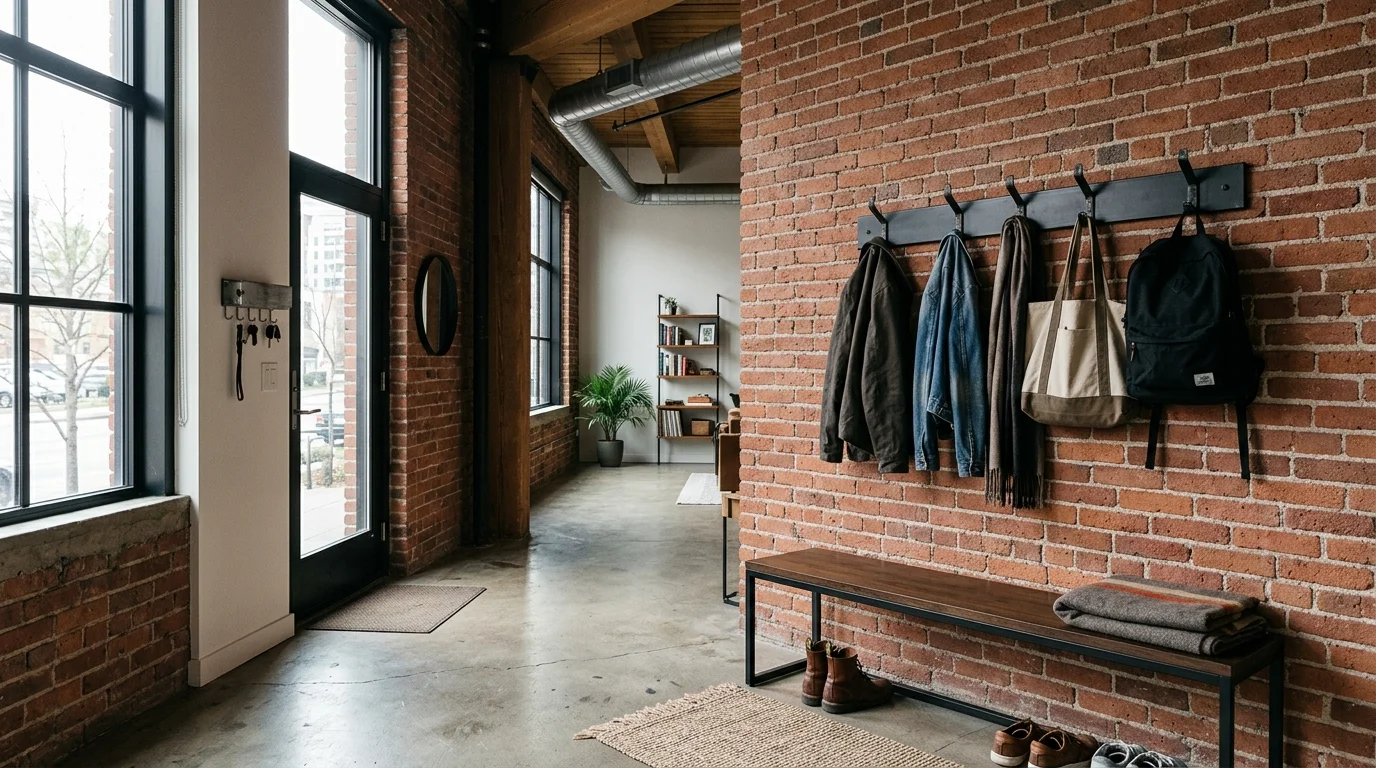 A loft entryway with exposed brick wall, black steel coat rack, concrete flooring, and minimalist bench seating, urban chic aesthetic, soft natural light, no people