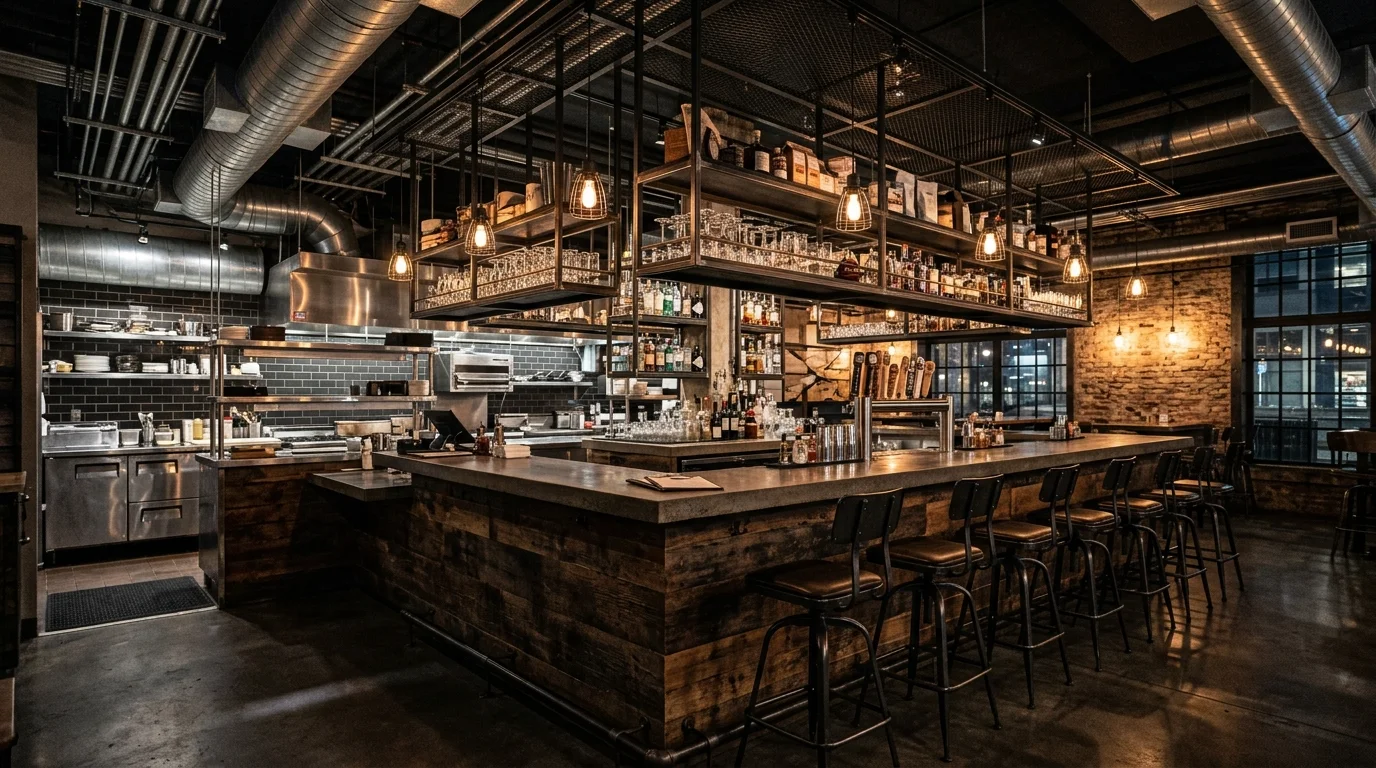 A contemporary industrial kitchen bar area with high stools, hanging metal shelves, exposed ductwork ceiling, and warm accent lighting, edgy modern feel, no people