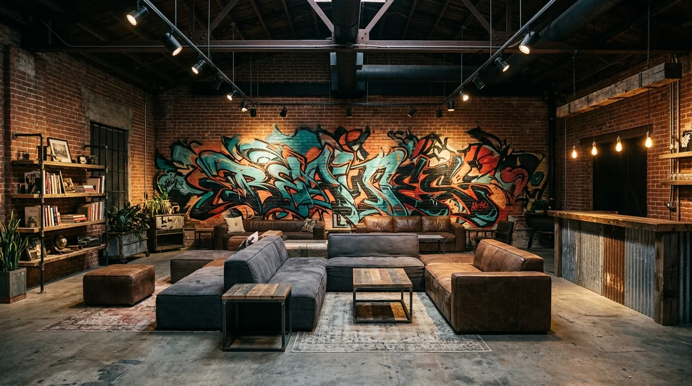 A minimalist industrial loft interior with open concrete structure, glass partitions, black steel details, and curated modern decor, bright natural daylight, clean architectural composition, no people